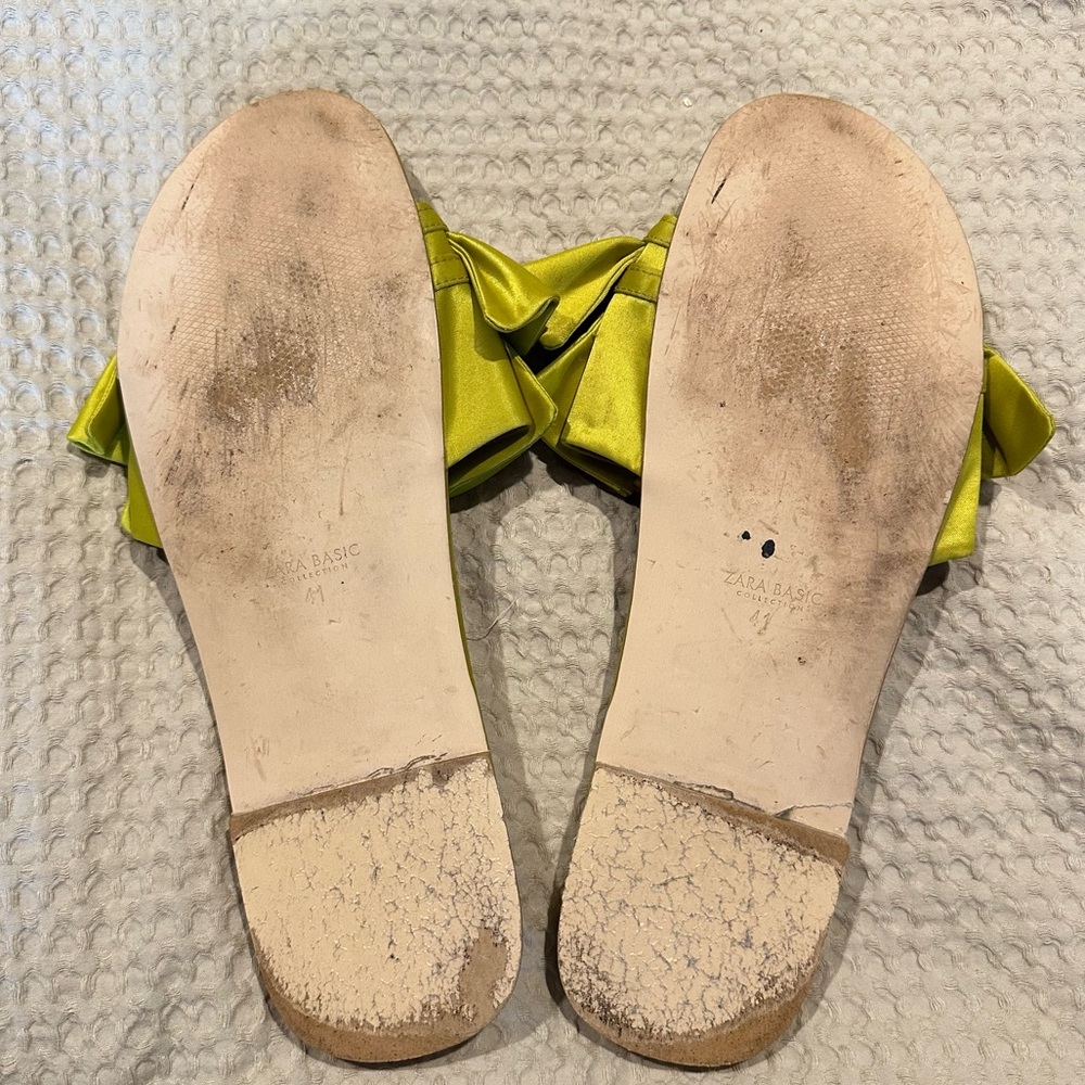 Zara Yellow Green Chartreuse Ruffle Satin Slide Sandals Sz 11 - Picture 6 of 6